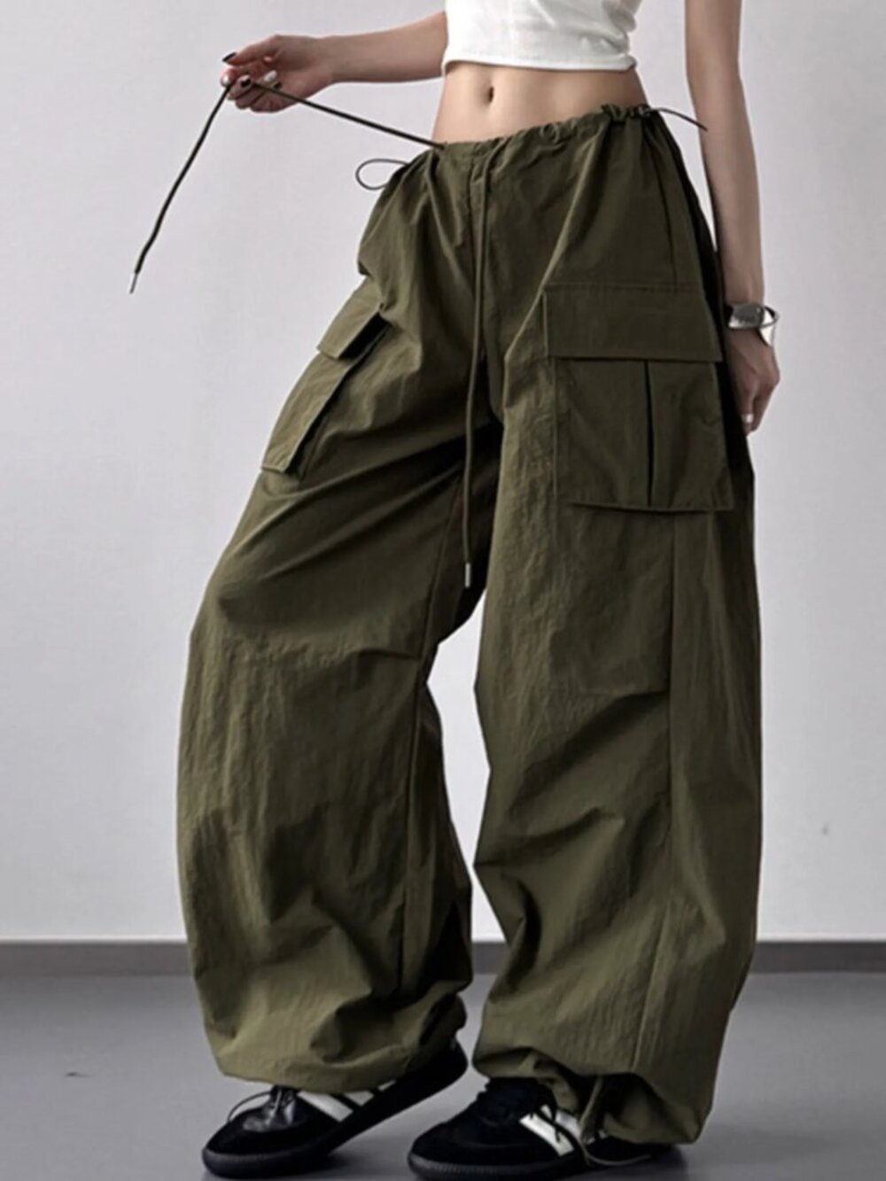 Glitch Drawstring Wide Leg Cargo Pants
